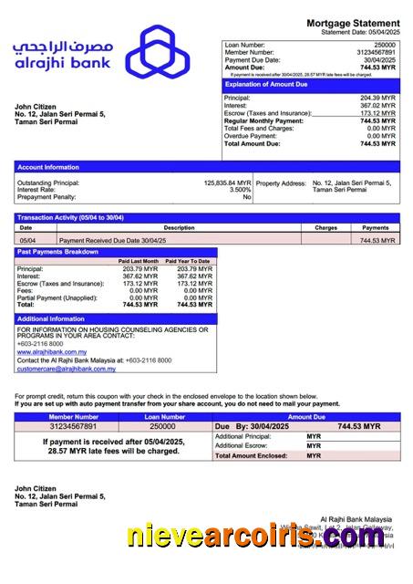 Malaysia Al Rajhi Bank Malaysia mortgage statement Word and PDF template